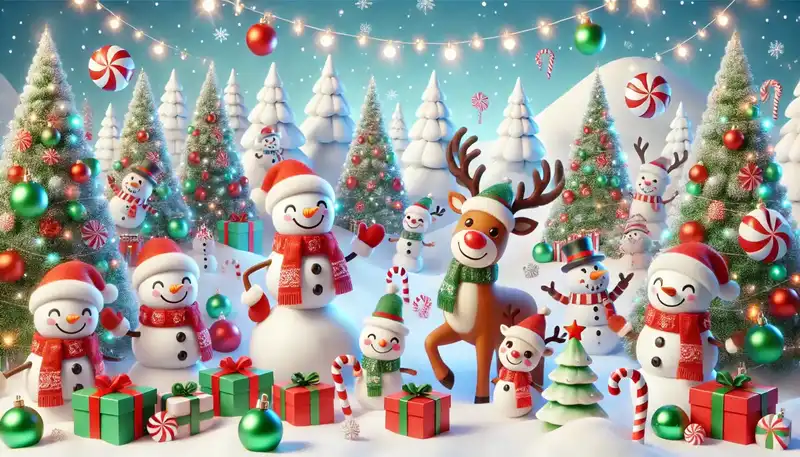 A happy christmas scene with snowmen, reindeer, and other festive decorations