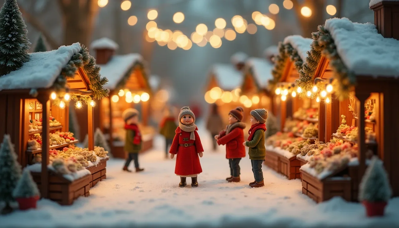 Charming Christmas market scene with wooden stalls, twinkling lights, and festive decorations