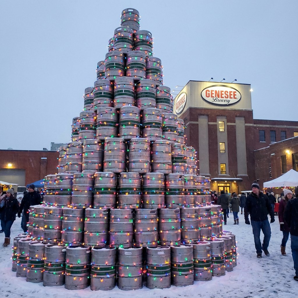 Genesee Brewery Keg Tree in Rochester, New York - a Christmas tree made of beer kegs