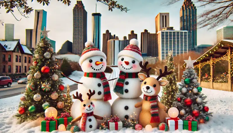 A happy christmas scene with snowmen, reindeer, and other festive decorations