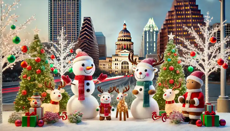 A happy christmas scene with snowmen, reindeer, and other festive decorations