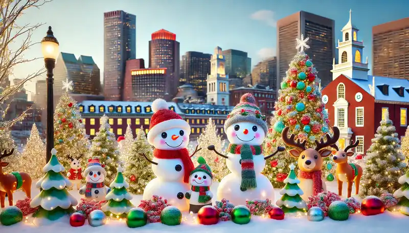 A happy christmas scene with snowmen, reindeer, and other festive decorations