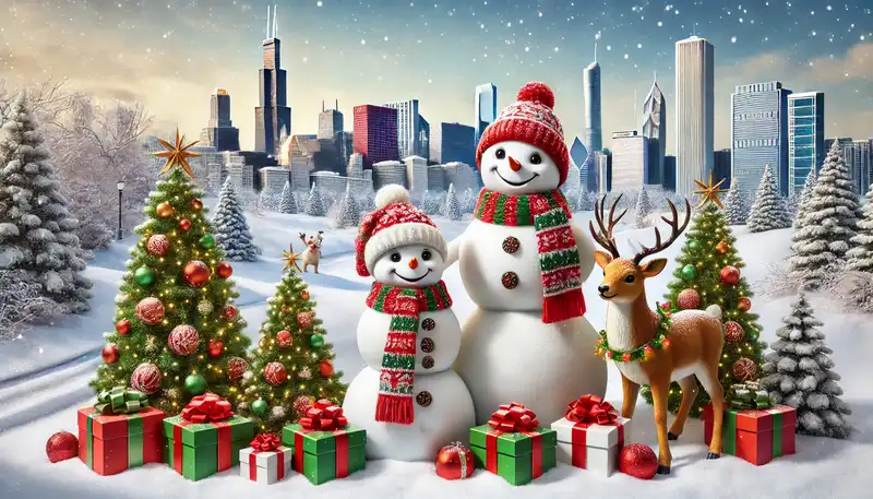 A happy christmas scene with snowmen, reindeer, and other festive decorations