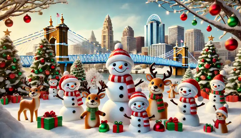 A happy christmas scene with snowmen, reindeer, and other festive decorations