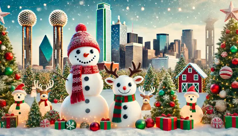 A happy christmas scene with snowmen, reindeer, and other festive decorations