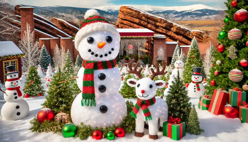 A happy christmas scene with snowmen, reindeer, and other festive decorations