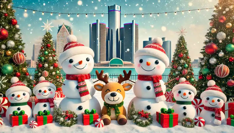 A happy christmas scene with snowmen, reindeer, and other festive decorations