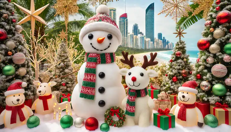 A happy christmas scene with snowmen, reindeer, and other festive decorations