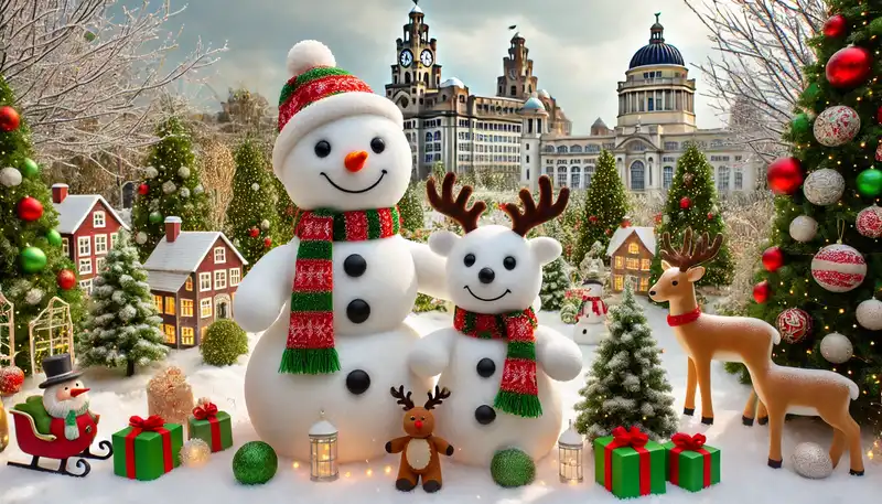 A happy christmas scene with snowmen, reindeer, and other festive decorations