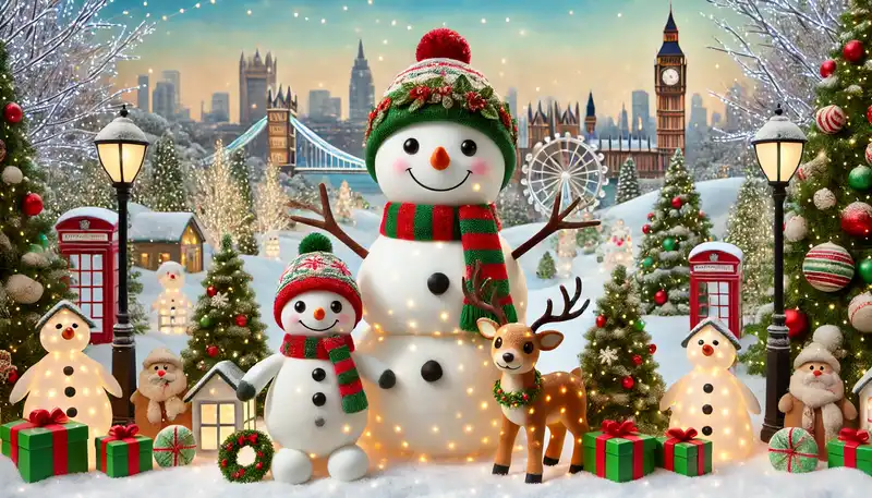 A happy christmas scene with snowmen, reindeer, and other festive decorations