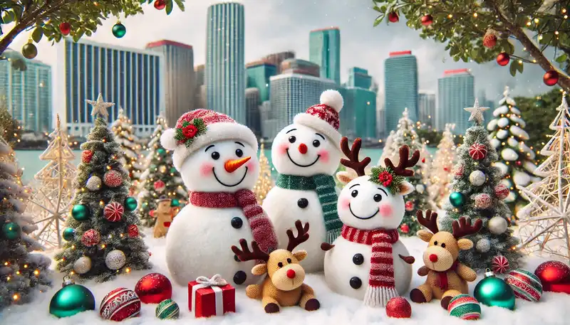 A happy christmas scene with snowmen, reindeer, and other festive decorations