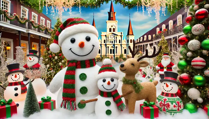 A happy christmas scene with snowmen, reindeer, and other festive decorations