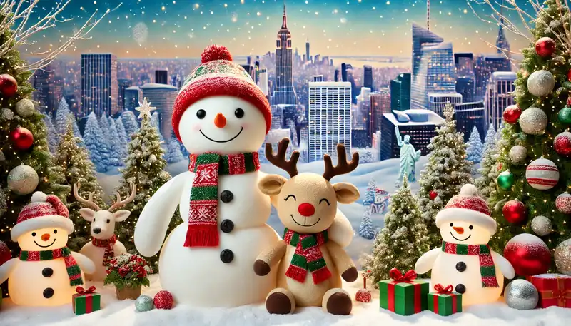 A happy christmas scene with snowmen, reindeer, and other festive decorations