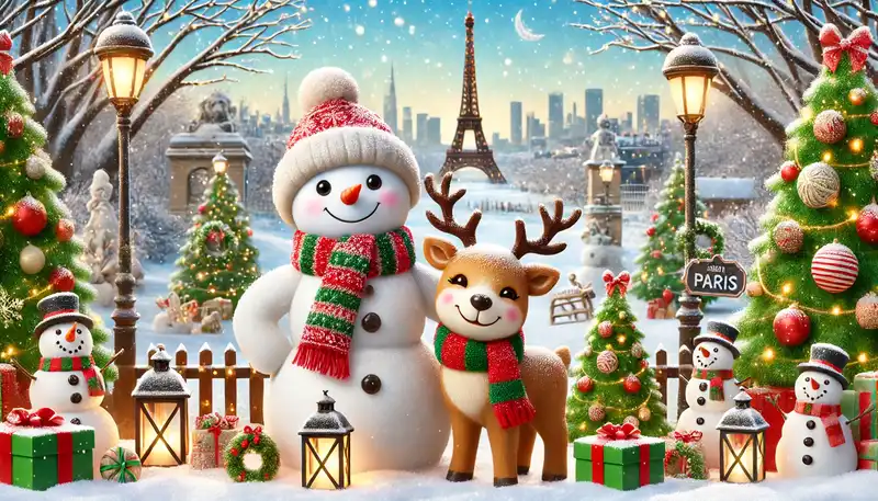 A happy christmas scene with snowmen, reindeer, and other festive decorations