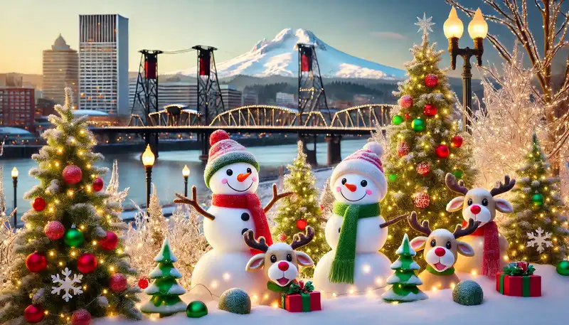 A happy christmas scene with snowmen, reindeer, and other festive decorations