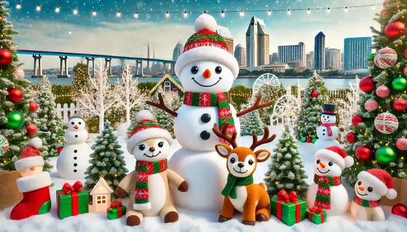 A happy christmas scene with snowmen, reindeer, and other festive decorations