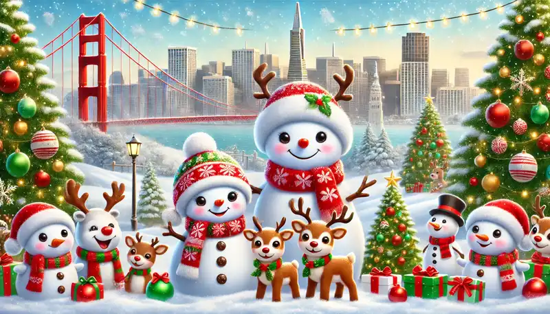 A happy christmas scene with snowmen, reindeer, and other festive decorations