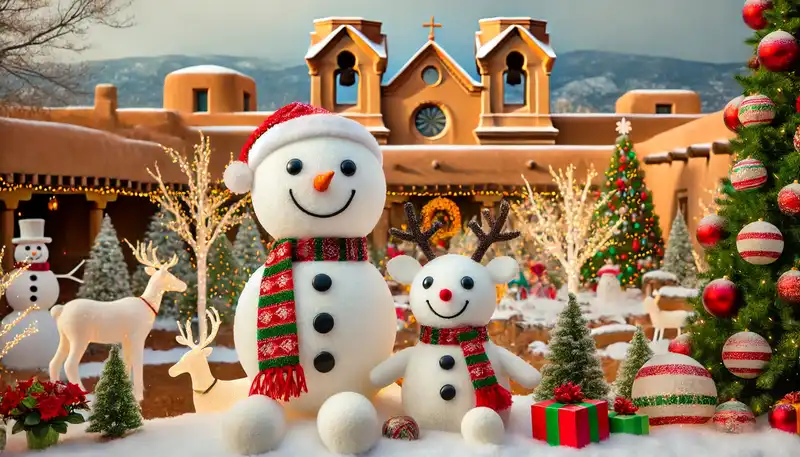 A happy christmas scene with snowmen, reindeer, and other festive decorations