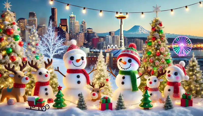 A happy christmas scene with snowmen, reindeer, and other festive decorations