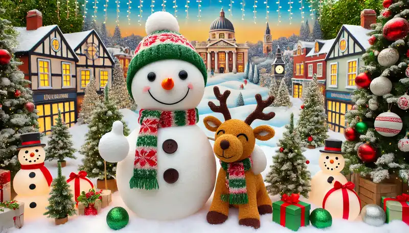 A happy christmas scene with snowmen, reindeer, and other festive decorations