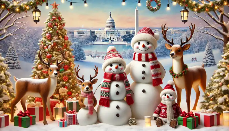 A happy christmas scene with snowmen, reindeer, and other festive decorations