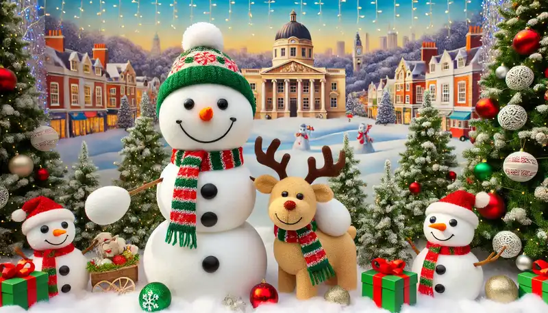 A happy christmas scene with snowmen, reindeer, and other festive decorations