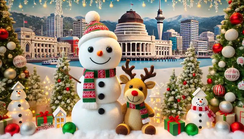 A happy christmas scene with snowmen, reindeer, and other festive decorations