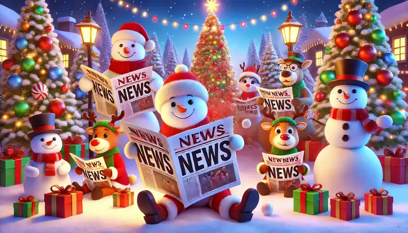 Snowmen reading Christmas news newspapers under a decorated tree