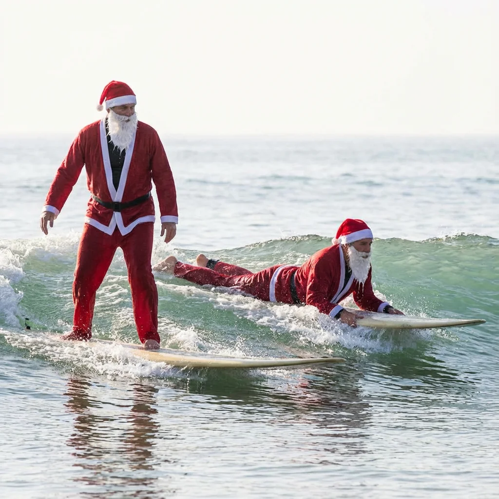Surfing Santas event at Cocoa Beach, Florida - surfers dressed as Santa Claus